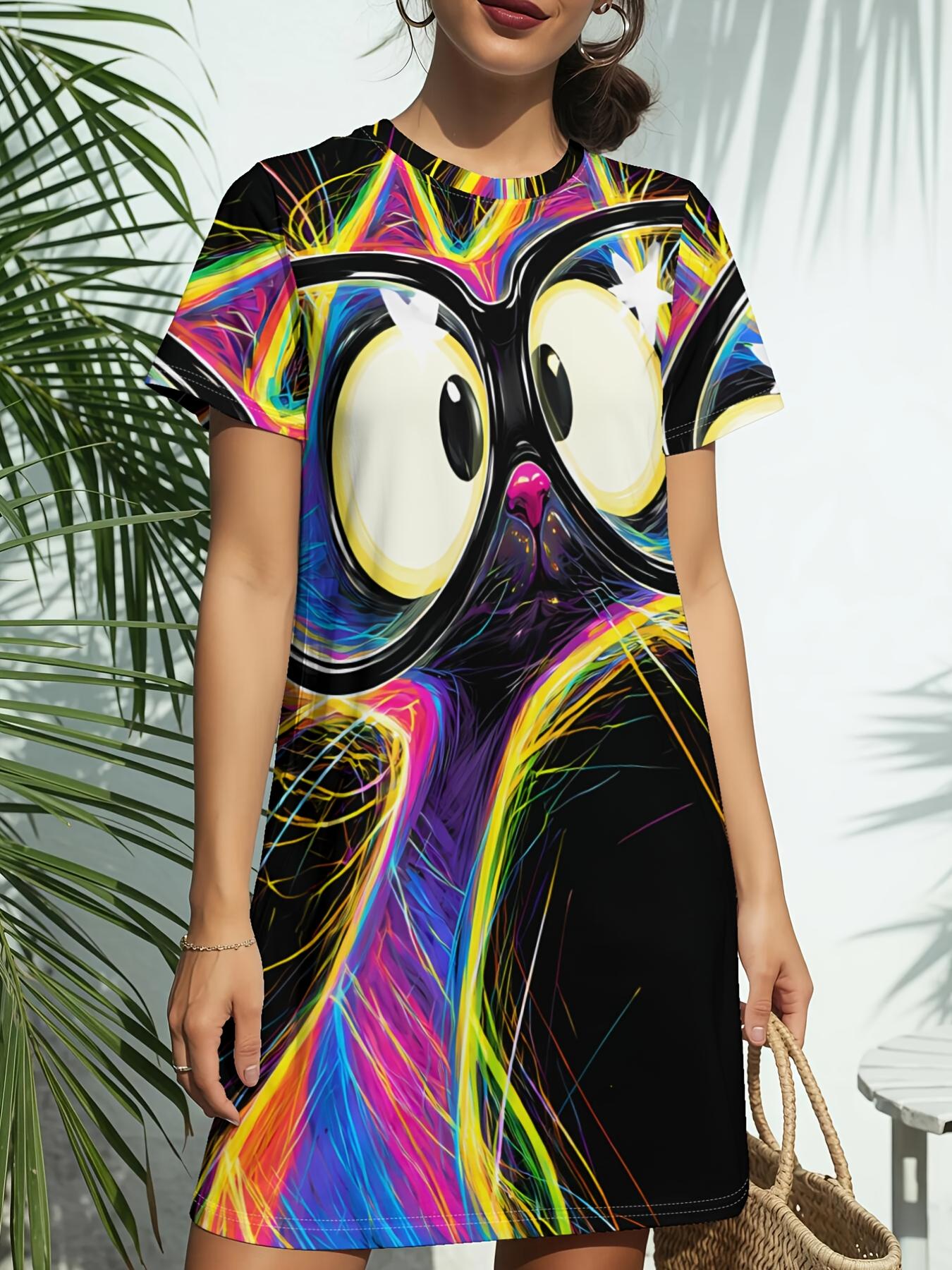 

Women s Short-Sleeve T-Shirt Dress with Round Neck - Colorful Cat Print American Style Dress Suitable for Daily Wear. Spring Summer Casual Outfits. Bi M дубильная кора
