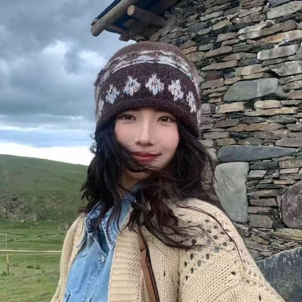 Windproof Pullover Hat Thickened Foldover Beanie Hat Fashion Jacquard Knitted Hat