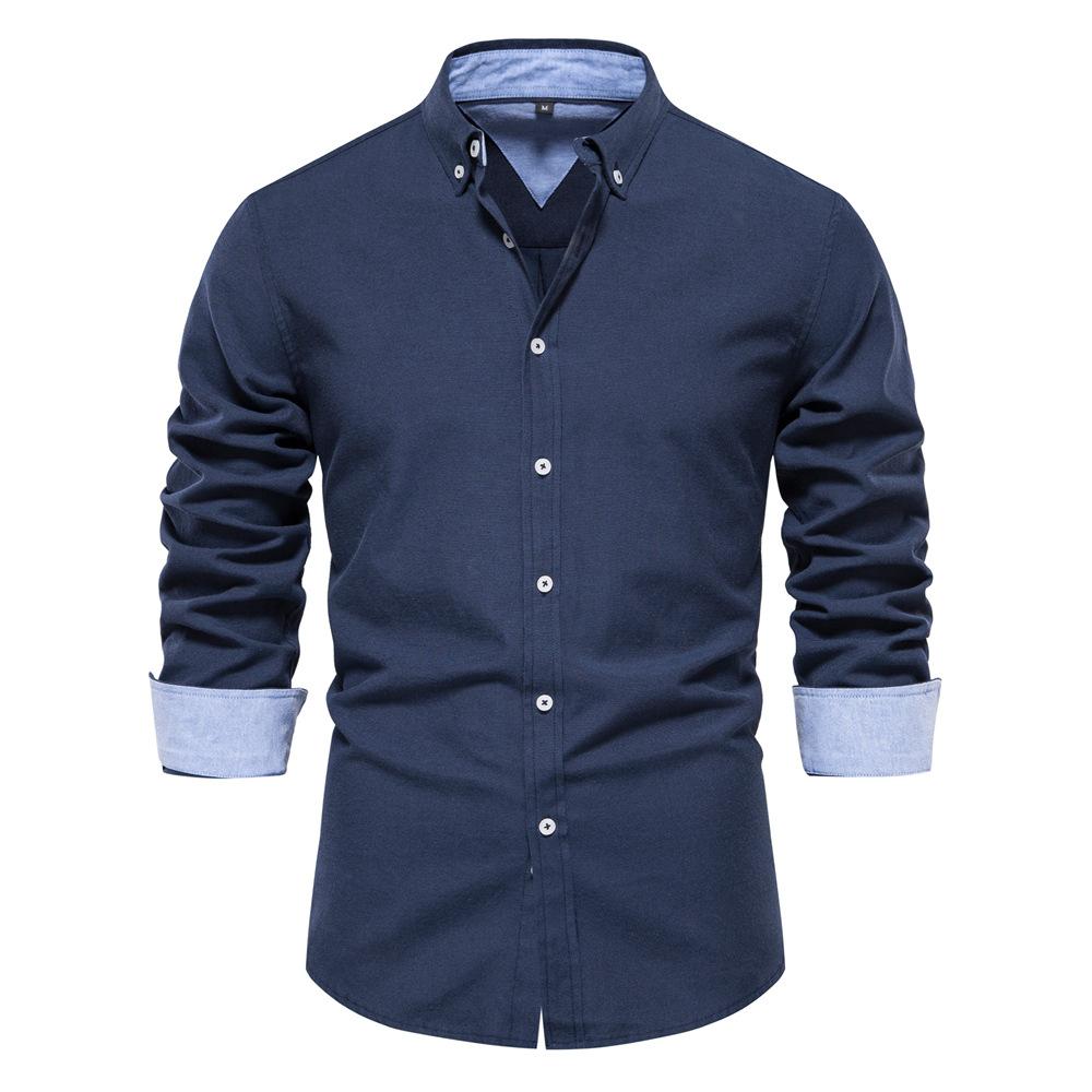 

Autumn New Cross-Border European Size Slim-Fit Shirt Men S Casual Versatile Fashion Solid Color Long-Sleeved Top Men S Clothing S темно-синий