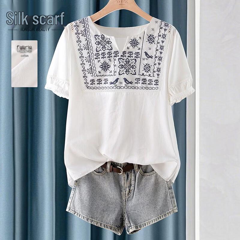 Sibaoshe Women s Retro Embroidered Pullover Top 2XL