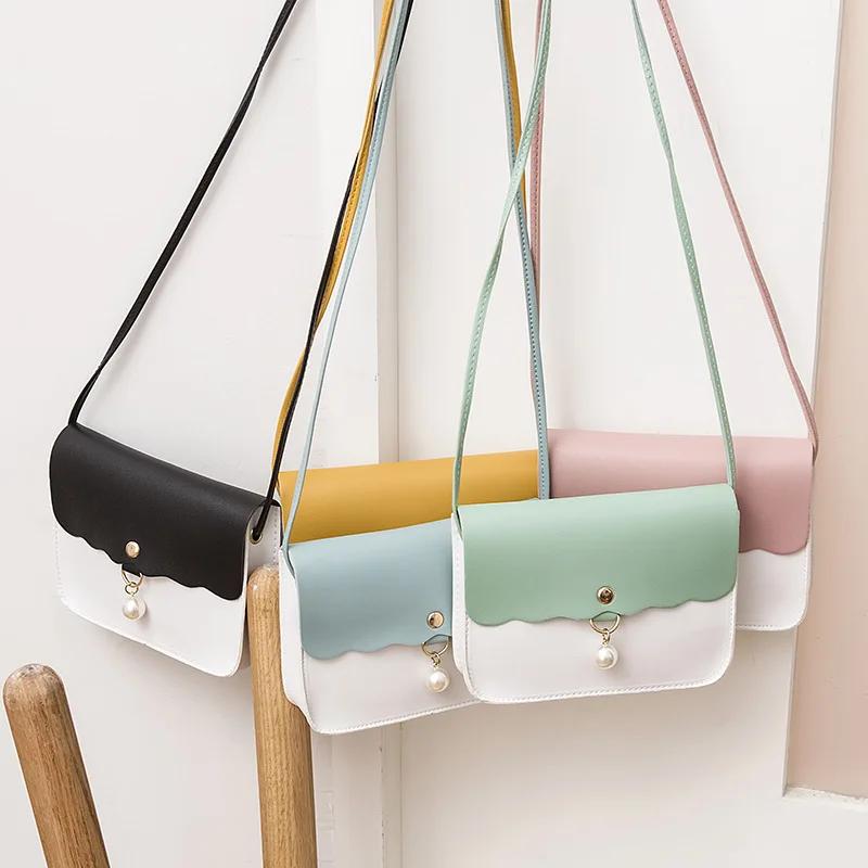 

Fashion Simply PU Leather Crossbody Bag for Women Solid Color Shoulder Messenger Bag Lady Pendant Pearl Travel Small Handbag