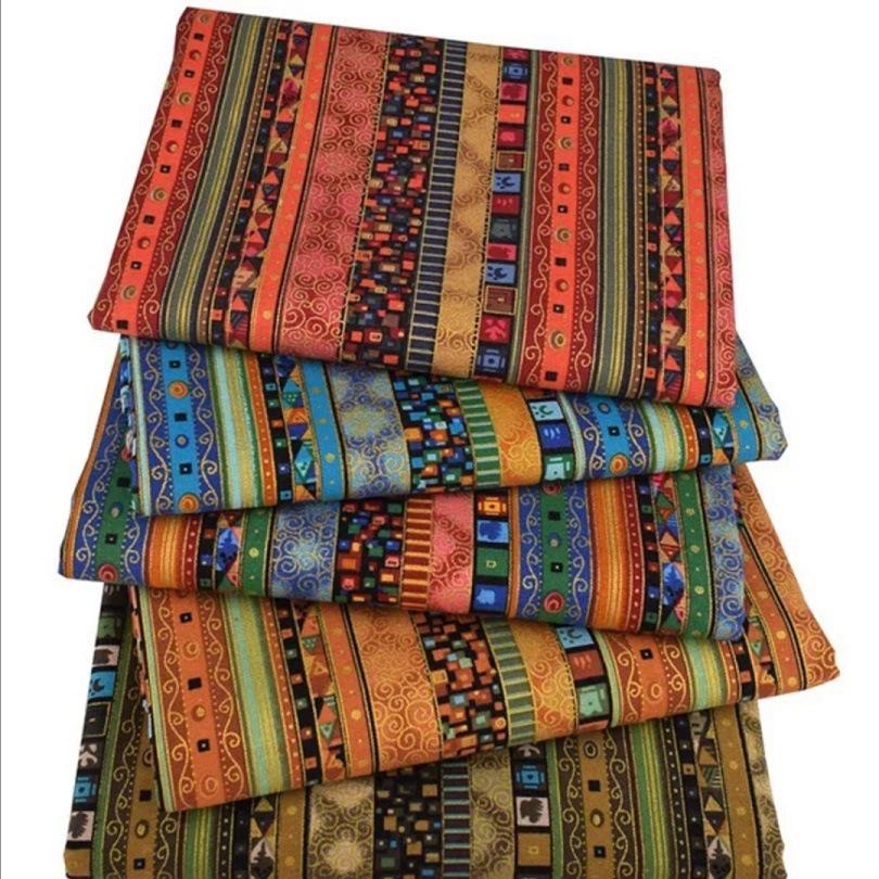 Ethnic Multi-Color Printed Cotton-Linen Fabric Set for DIY Patchwork & Tablecloths