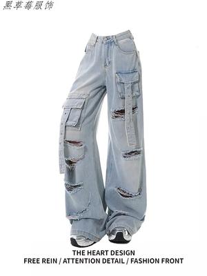 Amerikan Retro Yıkanmış Yırtık Tulum Düz Kot Pantolon Kadınlar İçin Yaz Yeni Stil Çok Cepli Bol Yer Silen Pantolon