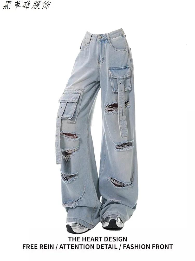 Amerikan Retro Yıkanmış Yırtık Tulum Düz Kot Pantolon Kadınlar İçin Yaz Yeni Stil Çok Cepli Bol Yer Silen Pantolon