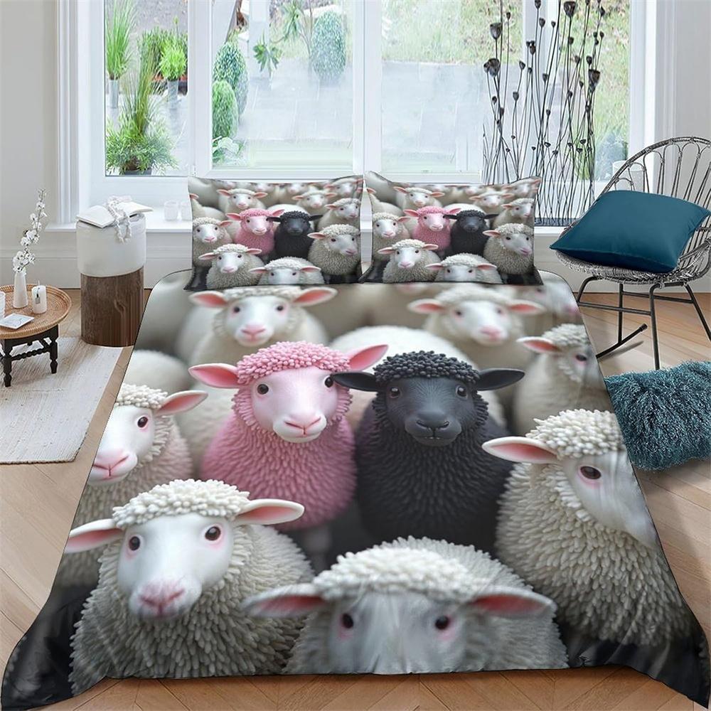 Microfiber Sheep Cartoon Bedding Quilt Cover All Season Bedding Set with Pillow Shams Christmas Festive Art Duvet Cover Set