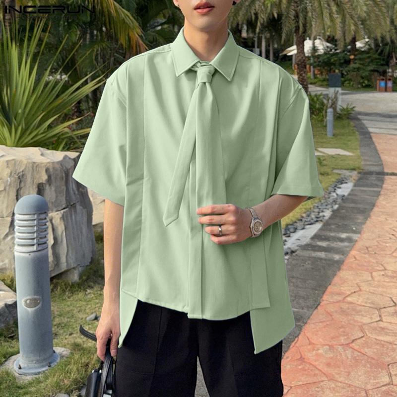 INCERUN Summer Men Lapel Tie Up Short Sleeve Buttons High Low Casual Shirts