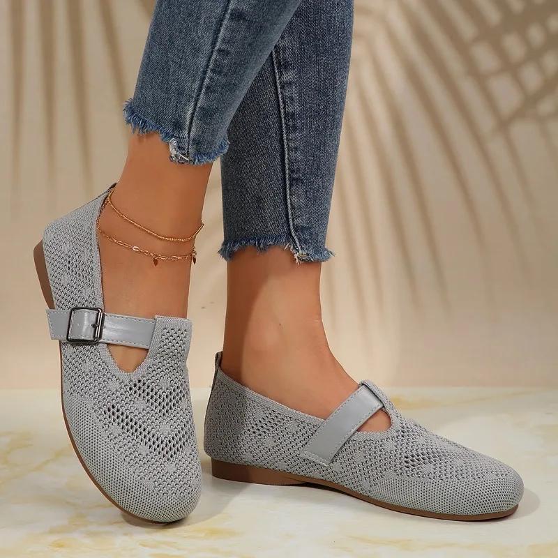 2024 Spring and Autumn Fashion Women's Shoes New Round Toe Solid Color Low Heel Mesh Breathable Buckle Women's Flat Shoes