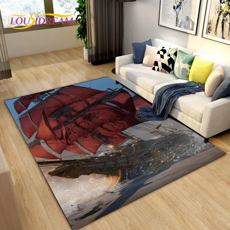 Sea Monster, Boat Ship Barque Area Rug Large,Carpets Rug for Living Bedroom Sofa Doormat Decoration,Kids Play Floor Mat