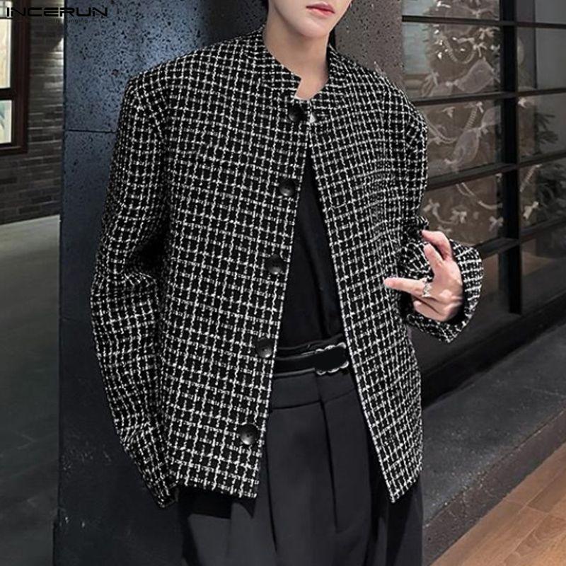 INCERUN Autumn Elegant  Men Long Sleeve Casual Plaid Buttons Texture Jackets Coats