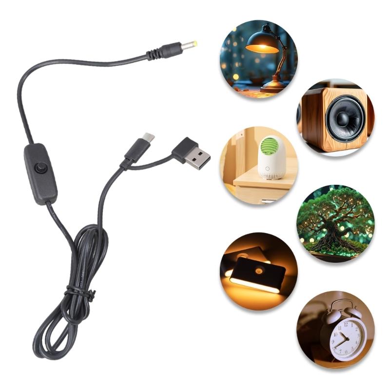 Double Interfaces USB Type C Vers DC4.0x1.7mm 5V Câble de Charge Avec Interrupteurs Pour Électronique Domestique Basse Tension 120cm