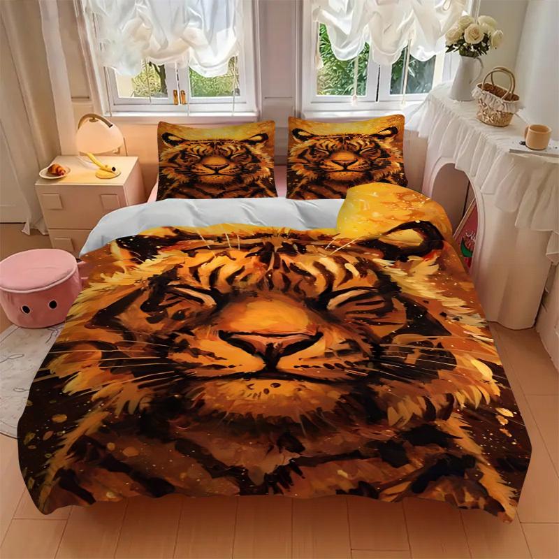 3-teiliges Bettbezug-Set mit Tigergesicht - Maschinenwaschbar, Enthält 1 Bettbezug und 2 Kissenbezüge, Ohne Füllung yy251013031