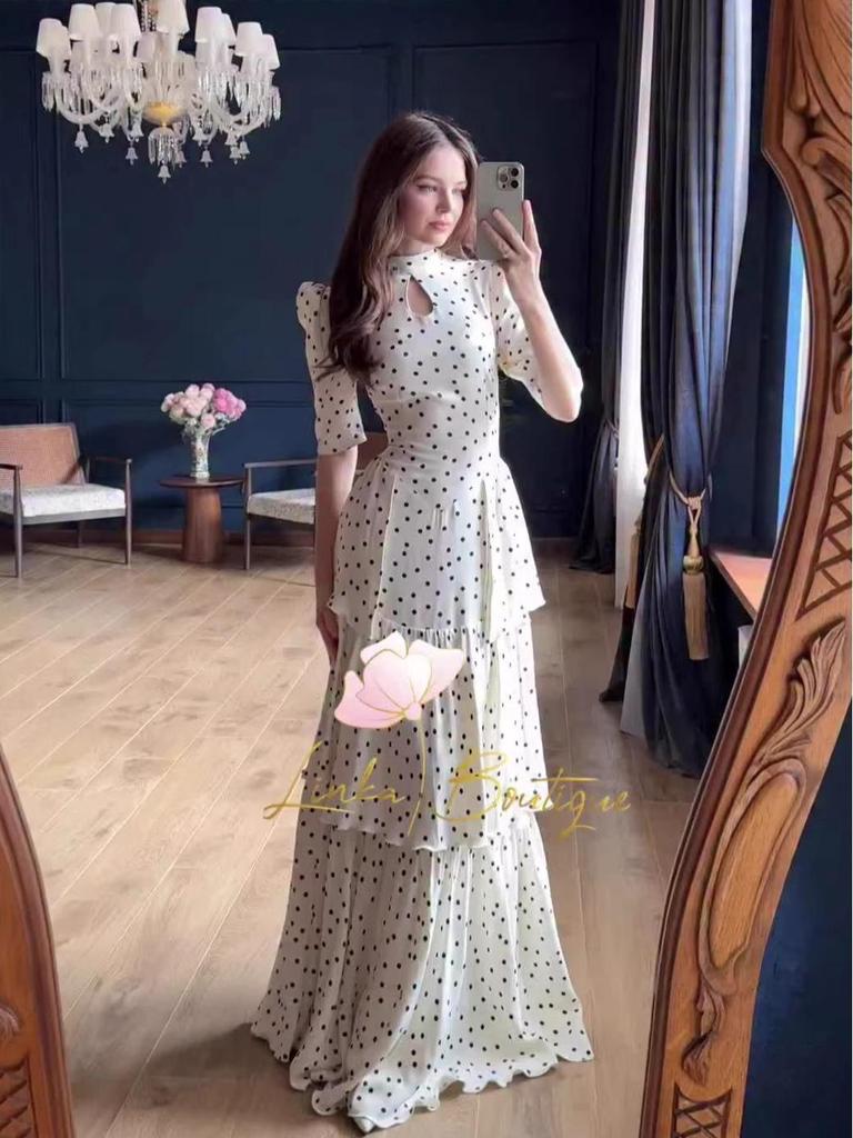2025 Spring French Retro Polka Dot Short Sleeve Elegant Long Dress