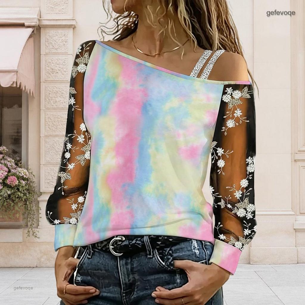 Plus Size Women Slanted Shoulder Long Sleeve Top Boho Abstract Floral Print Mesh Lace Splicing Blouse