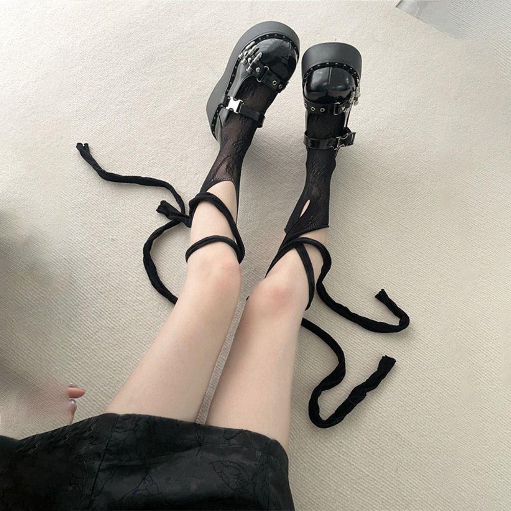 2Pairs Irregular Straps JK Lace-up Stockings Hollow Split Toe Socks  Ladies Girl