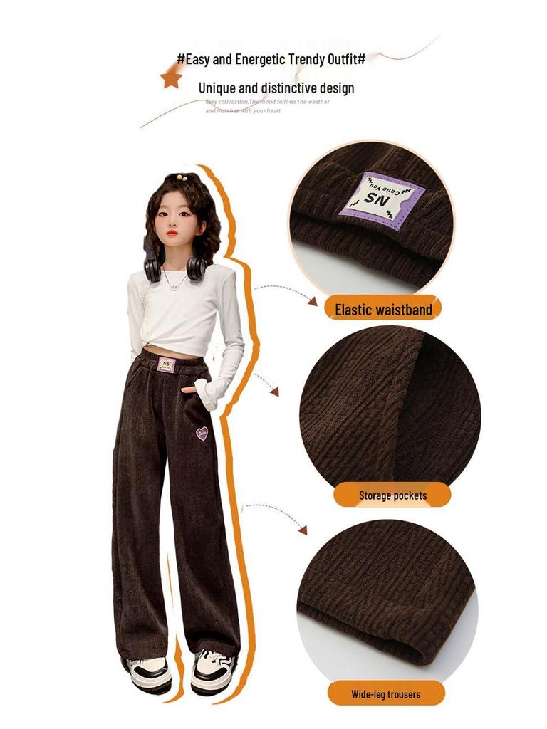 Girls' 2025 Autumn/Winter Fashionable Fleece-Lined Wide-Leg Pants