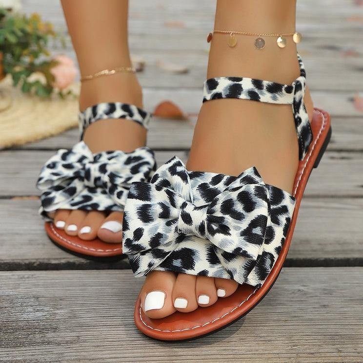 Fashion Large Bowknot Decor Suede Leopard Print Sandals Summer New Flat Heel Casual Rome Shoes Fashion Soft Sole Non-slip Beach Sandals