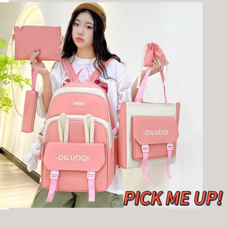 Autumn New Canvas Backpack Women's Korean Version Large Capacity Five-Piece Set Middle School Student Backpack College Student