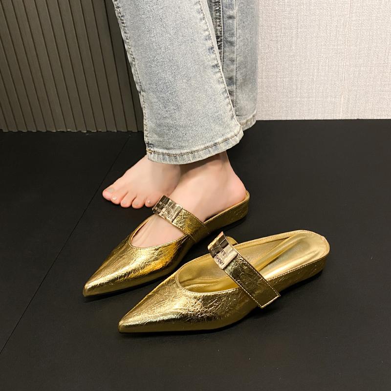 Fashion Spring Autumn 2025 Pointed Toe High Heels Women's French Style Slip-On Strap Shoes Matching Low Rubber Fashionable Slippers
