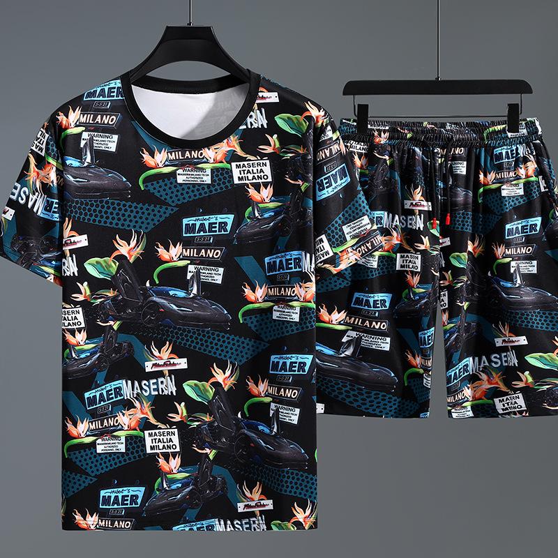 Mens Summer Thin Section Casual Sports Suit Short-sleeved T-shirt + Quick-drying Shorts Plus Size Two-piece Set