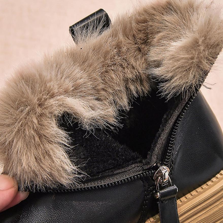 Winter Princess Plush Boots For Girls Solid Color Vintage Cotton Shoes PU Leather Waterproof Teenager Girl's Snow Boots