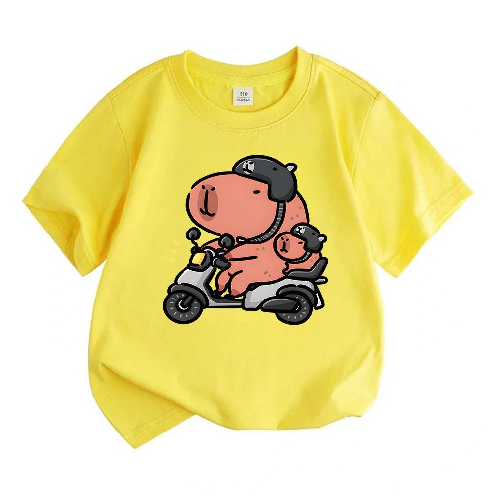 Kids Boys Girls 100% Cotton Crew Neck Short Sleeve T-Shirt, Cute Capybara Ride Electric Motorcycle Printed Casual Soft Lightweight Tee for Children Da