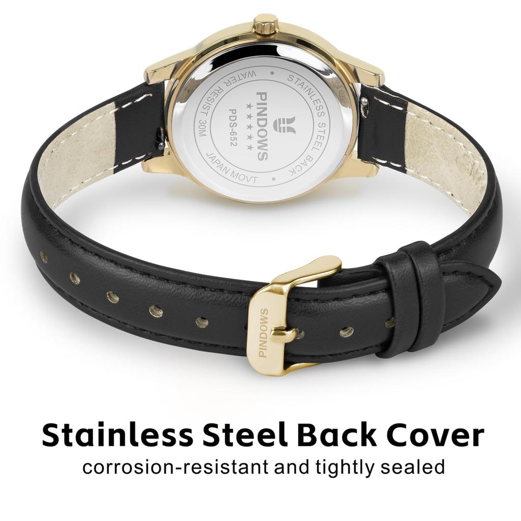 PINDOWS Slim Minimalist Quartz Analog Watch with Black Leather Strap and Case A Stylish and Elegant Everyday Watch Women's Gold-Tone -