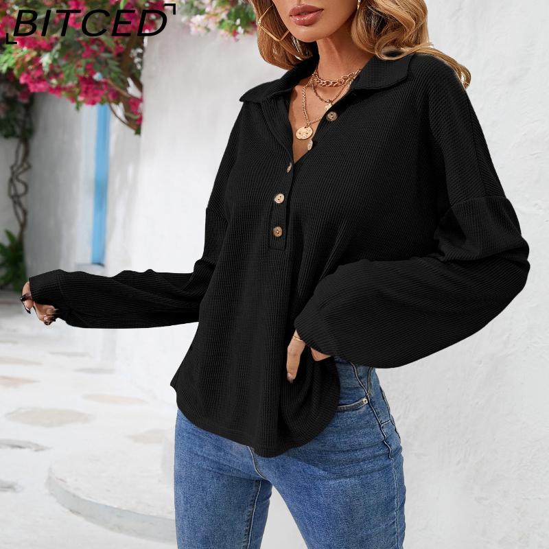 BITCED Women's Fall/Winter Polo Neck Button-Up Solid Color Long-Sleeve T-Shirt