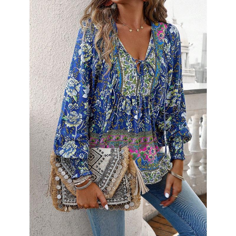 TIFICY Damenmode, lässig, Frühling und Herbst, Blumenmuster, bedruckt, langärmelig, V-Ausschnitt, Blusen und Hemden