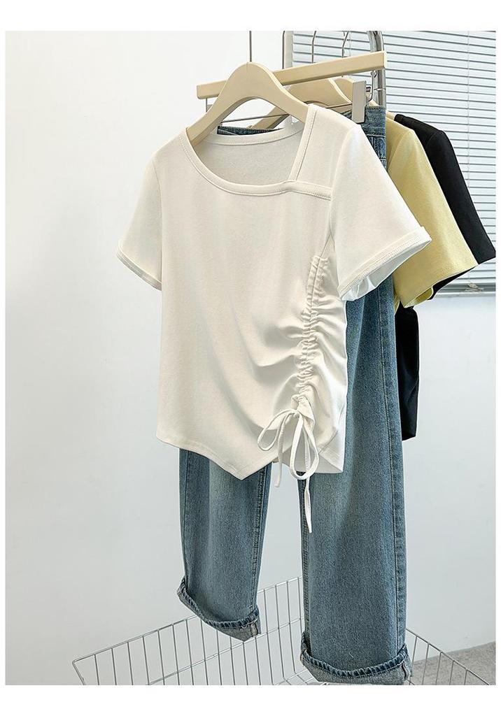 Women's Summer Pleated Slim-Fit Short Sleeve T-shirt