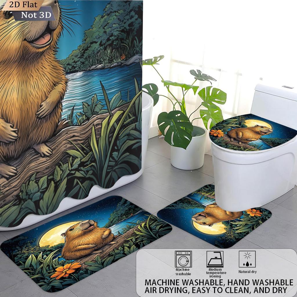 4pcs Capibala Printed Bathroom Set 180x180 Waterproof Shower Curtain With 12 Hook Type Floor Mats, Toilet Mats, U-Shaped Mats