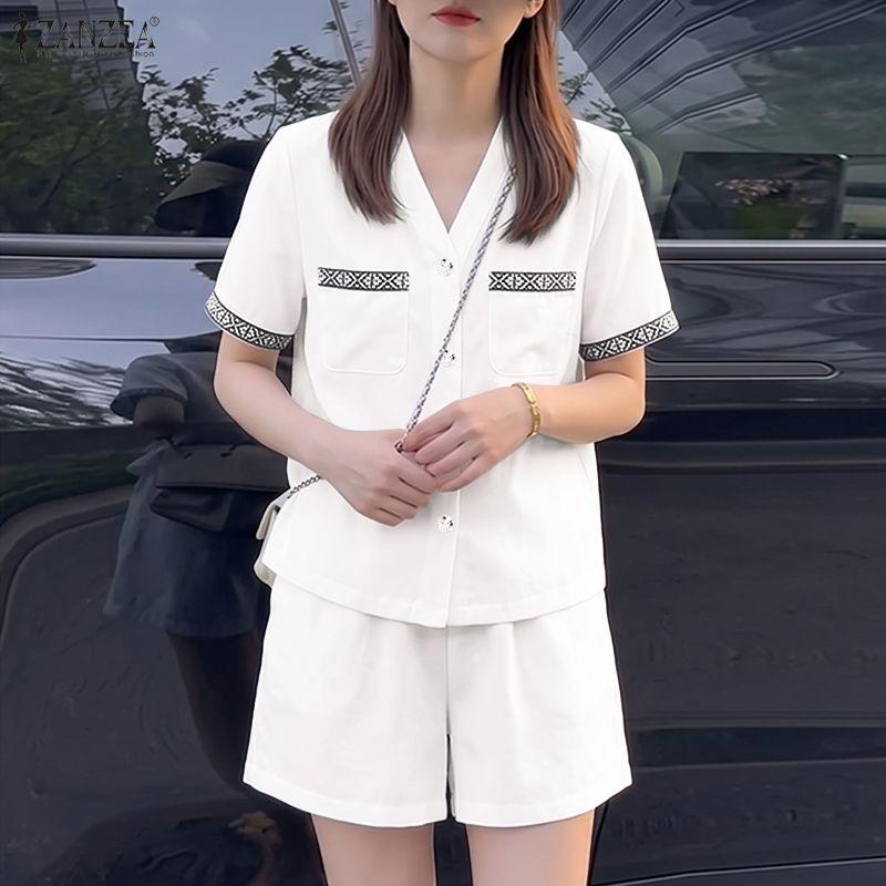 ZANZEA Women Short Sleeve Blouse and Shorts Summer Two Piece Suit Sets