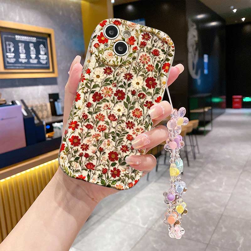 Case For Google PIXEL 9 10 PRO XL 8 7 PRO 8A 7A 5G Floral Flower Print Wrist Chain Wavy Edge Soft Cover