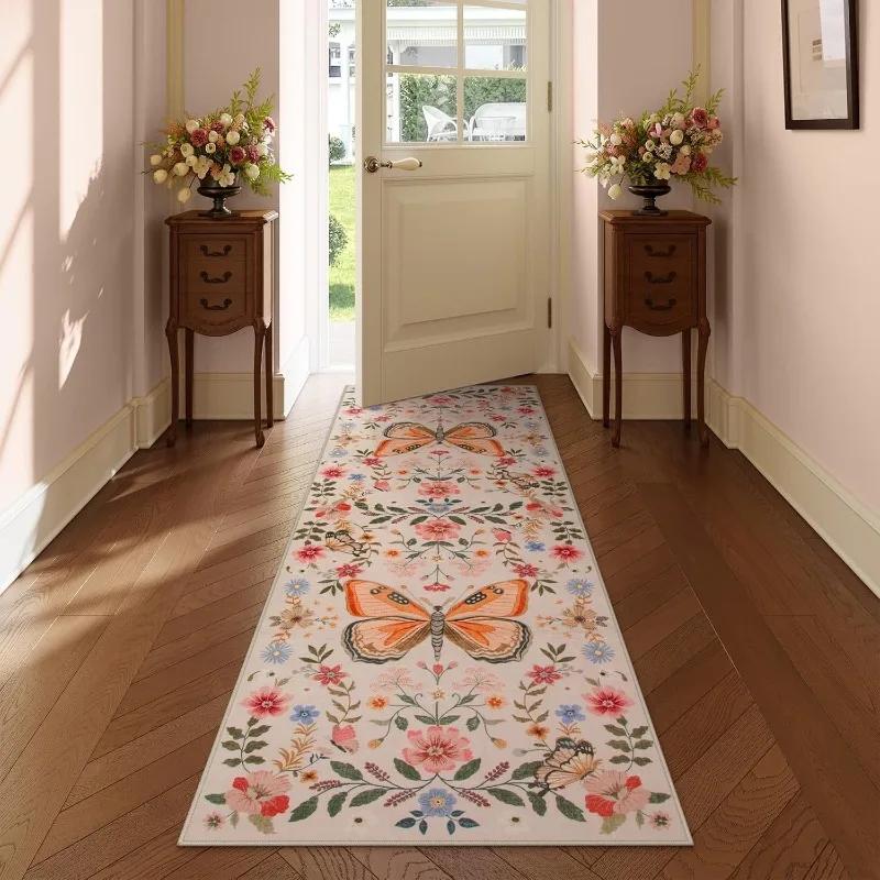 Black Floral Butterfly Area Rug with Pink Yellow Red Flowers Non-Slip Rectangular Carpet for Living Room Decor Soft Floor Mat
