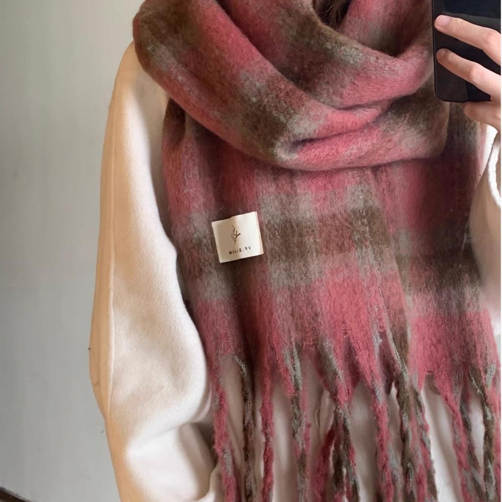 A Thick Long Korean Style Versatile and Warm Autumn and Winter Checkered Tassel Shawl with Mohair