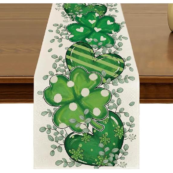 St. Patrick's Day Green Shamrocks Floral Table Runner 13x72 Inch Spring Holiday Four Leaf Clover Kitchen Dining Table Decor for Indoor Outdoor