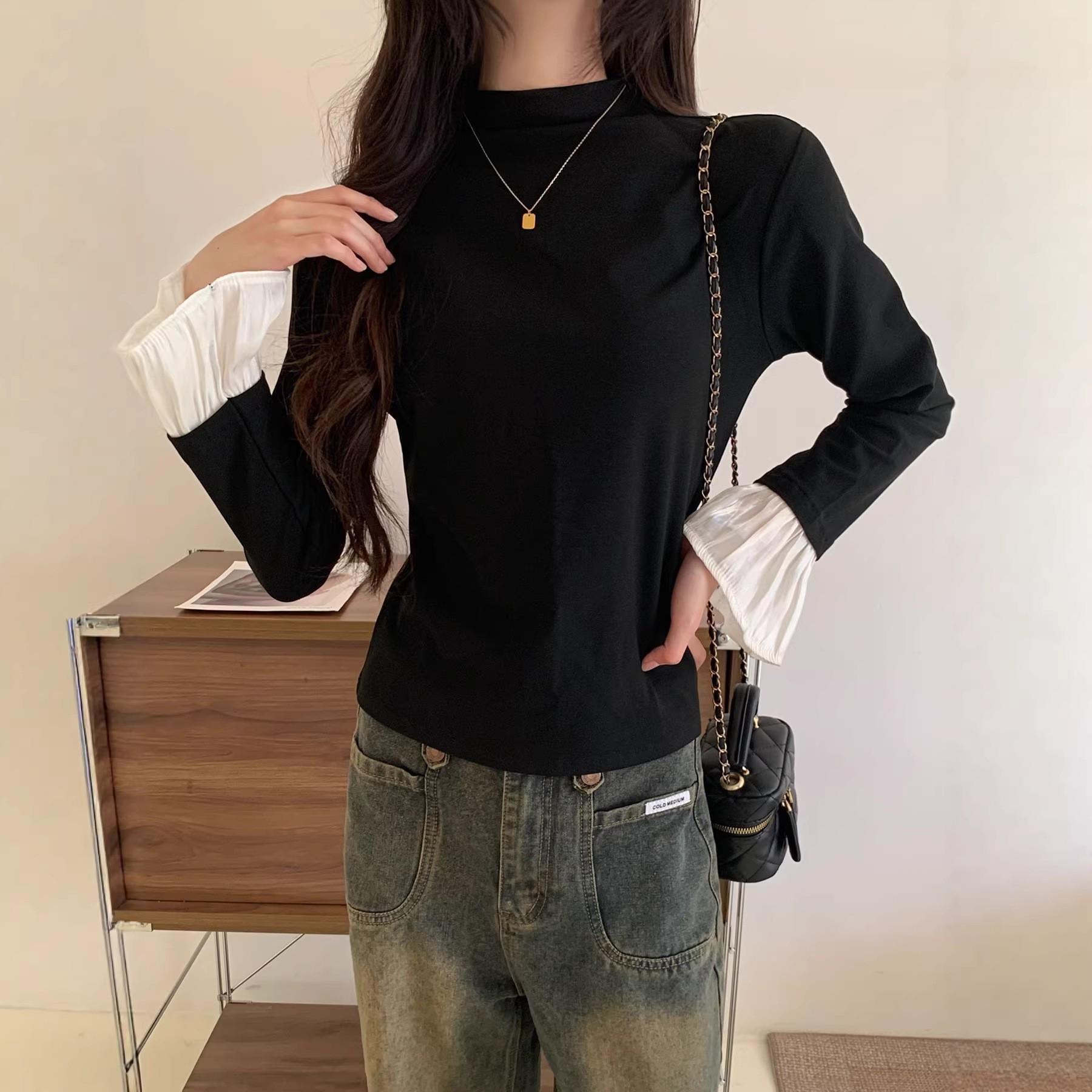 

Women s Black Ribbed Flare Sleeve Top - Slim Fit for Spring & Autumn 2026 Medium чёрный