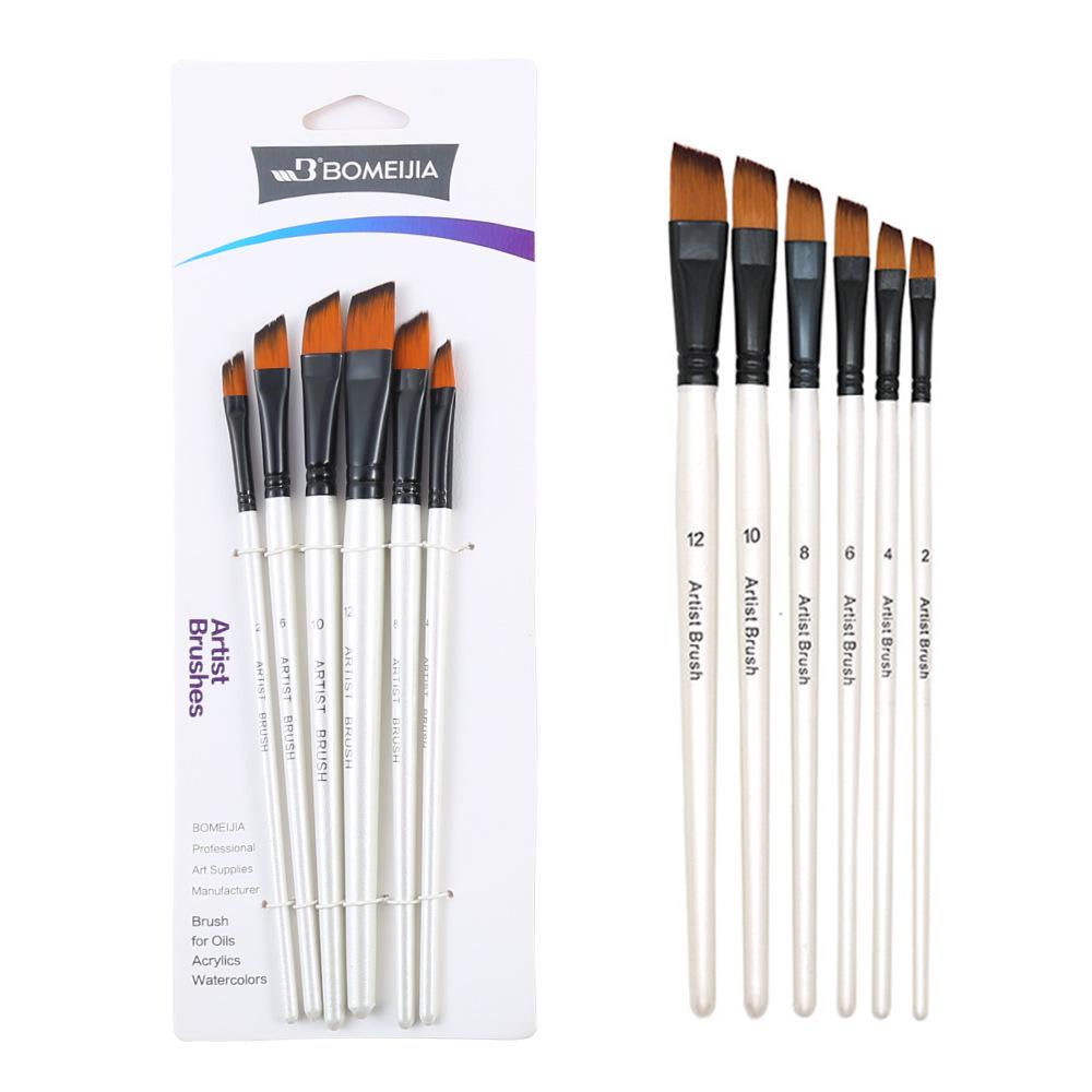 Six-Piece Nylon Hair Paintbrush Set with Pointed and Flat Heads for Acrylic, Watercolor, and Oil Painting - Pearlescent White