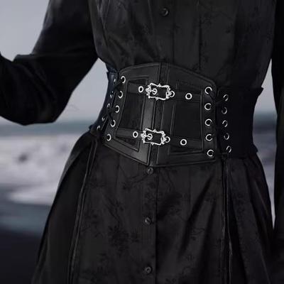 European Retro Black Lace Tie-Up Leather Waist Cincher: Women’s Fashion Outerwear Elastic Belt