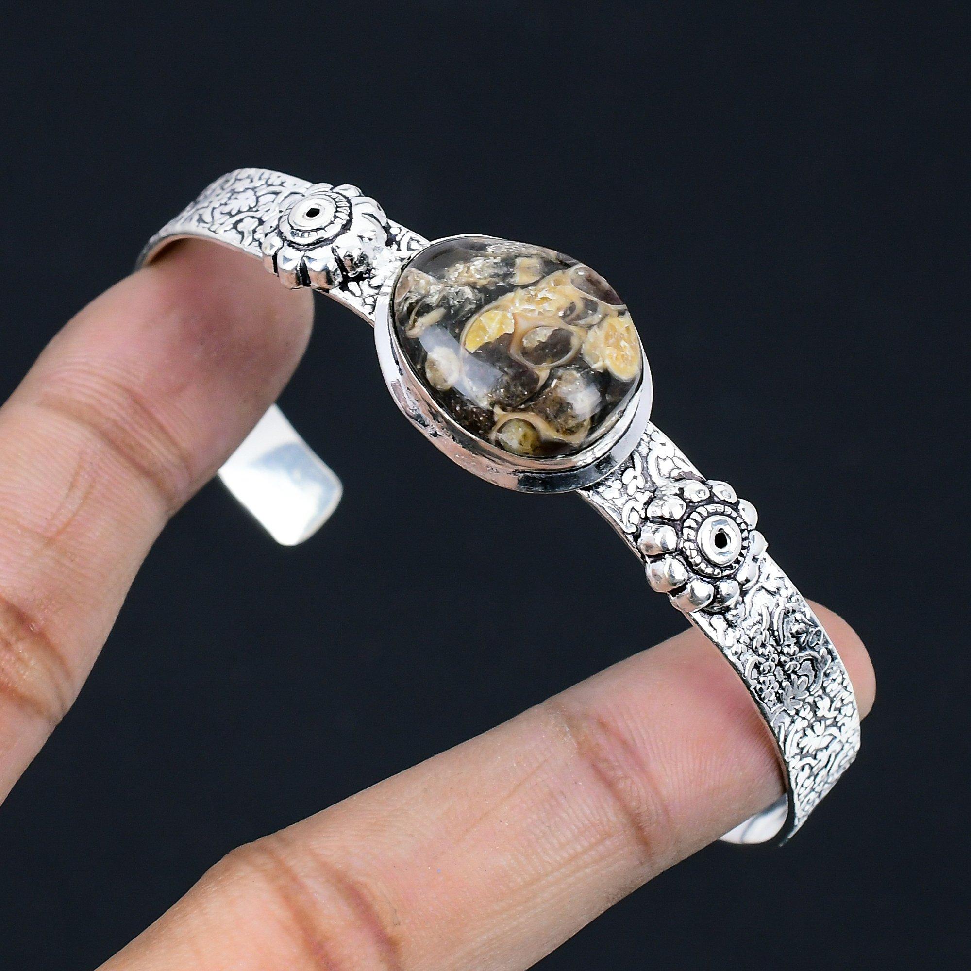 

925 Silver Oval Natural Turritella Agate Wife Anniversary Wedding Bangle Jewelry Adjustable