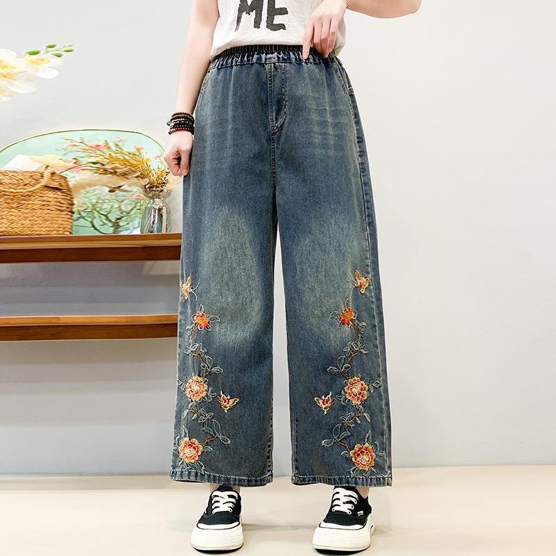 Vintage Washed Embroidered Plus Size Denim Pants Elastic High Waist Loose Straight Leg Pants Female 2025 New Autumn