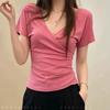 Pure Desire Small Waist Crossed V-neck Small Flying Sleeve Design T-shirt Women's Summer New Slim and Thin Short-sleeved Top