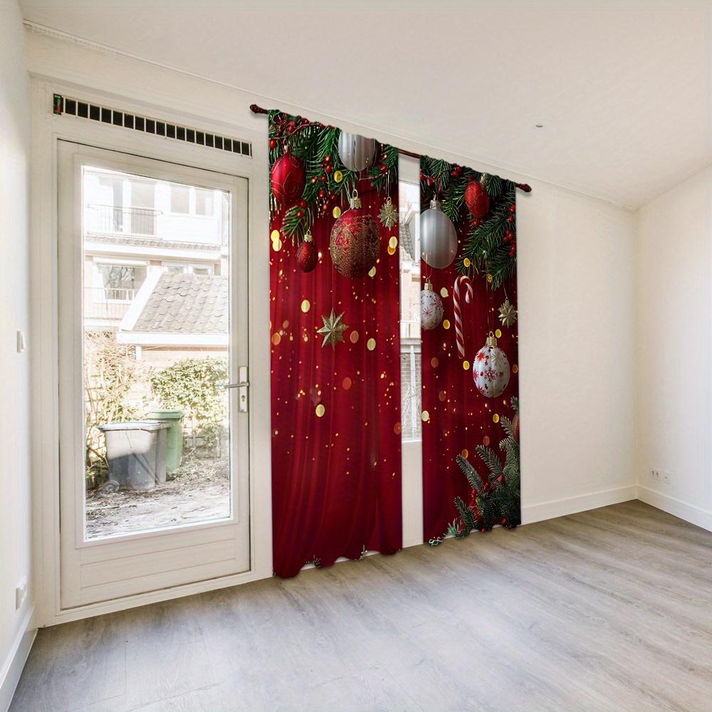 2pcs Red Christmas Printed Semi-Blackout Curtains with Green Pine Branches and Golden Balls  Drapes for Living Room Bedroom