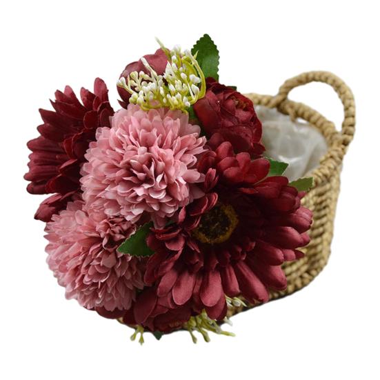 Künstlicher Chrysanthemen-Kugelblumen-Strauß Gemischte Kunstseiden-Hortensienblumen mit Chrysanthemen-Pfingstrosen für Brautstrauß Hochzeitsfeier Floristik