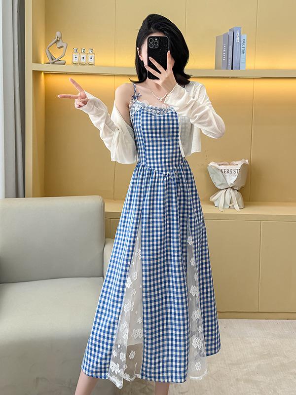 In-Stock Lace Plaid Slimming Camisole Dress with Large Skirt.