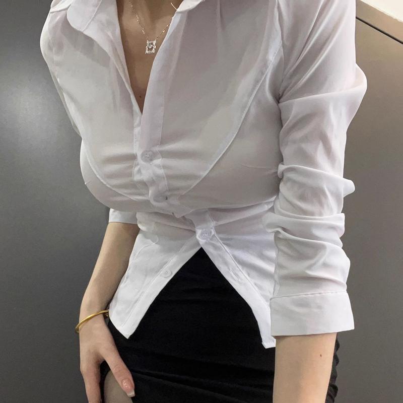 Sexy Slim Fit White Women Shirts Elegant Single-Breasted Lapel OL Office Blouse Ladies All-Match Long Sleeve Crop Tops