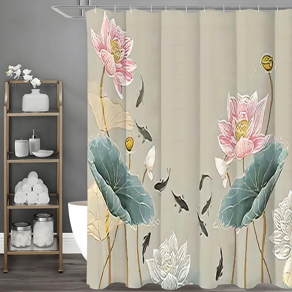

Китайская живопись тушью Цветок лотоса Лист лотоса Рыба Занавеска для душа, Декоративная занавеска для душа для ванной комнаты, Водонепроницаемая занавеска для душа 90*180cm