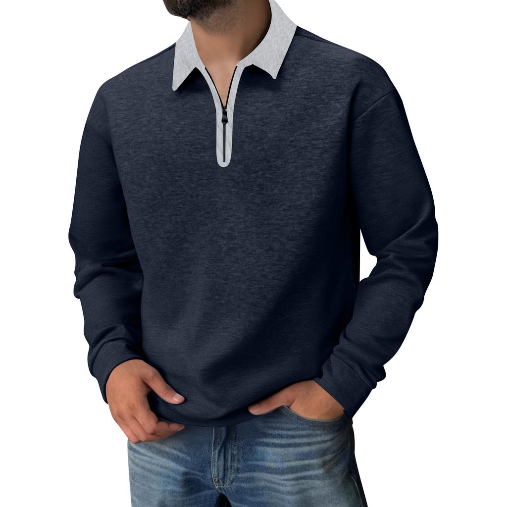Men's Casual Colorblock V-Neck Zipper Shirt Lapel Long Sleeve Bottom Sweatshirt