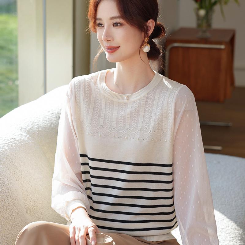 

Stylish Knit Base Layer Top for Moms: Sheer Sleeve, Striped, Long-Sleeved T-Shirt for Spring & Autumn L (suggested 100-115 jin)