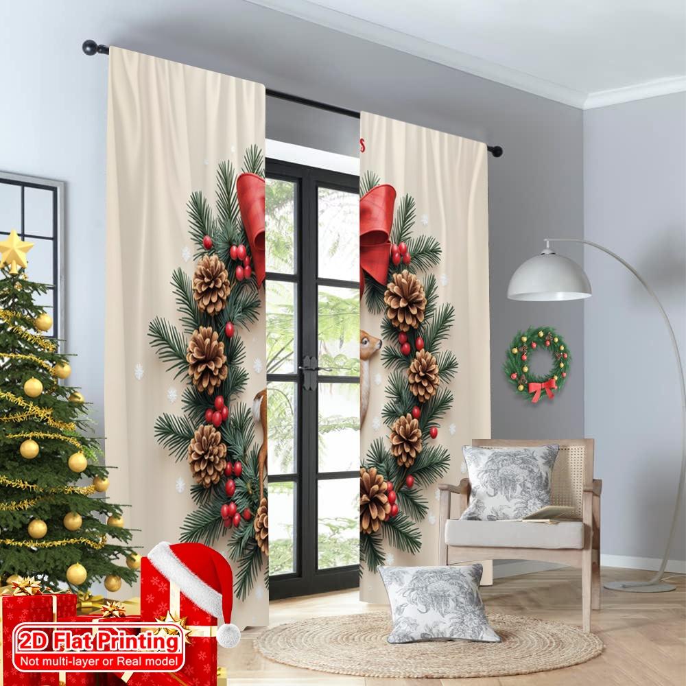 2pcs 2D Flat Printing Merry Christmas Drapes Merry Christmas Moose Wreath Polyester Without Electricity Festive Curtains Use for