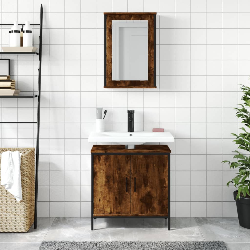 2 Piece Bathroom Furniture Set Smoked Oak Wood Based Material